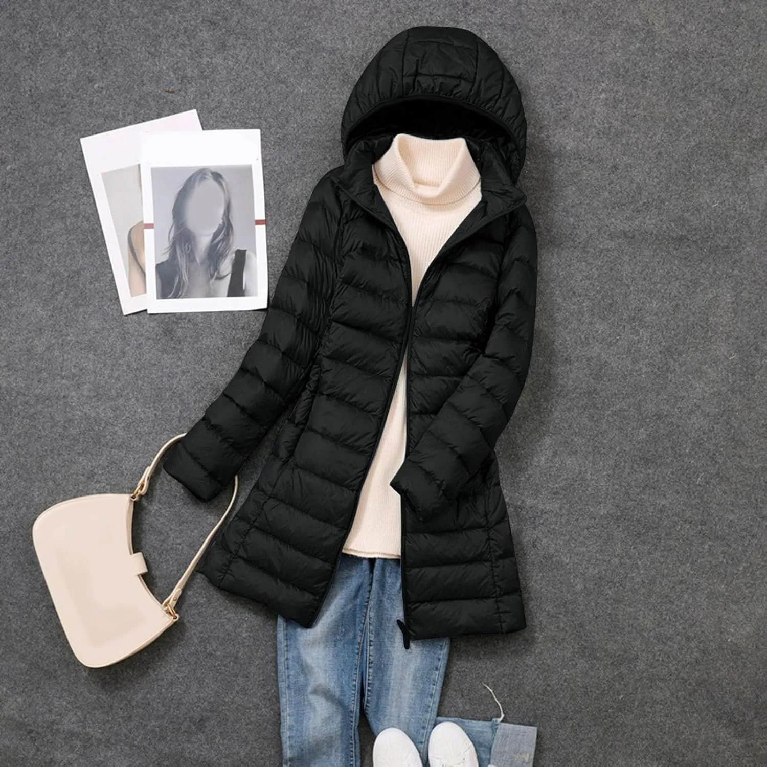 Long Lightweight Down Jackets Women Hooded Packable Puffer Jacket Winter Warm Casual Trendy Outerwear Quilted Coats
