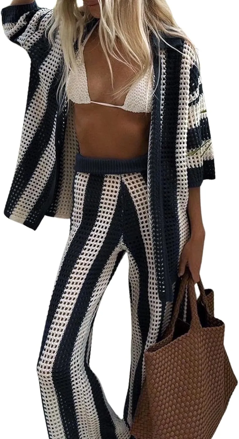 loveimgs Womens Summer 2 Piece Crochet Knit Outfit Striped Short Sleeve Button Shirt Hollow Out Wide Leg Pants Set