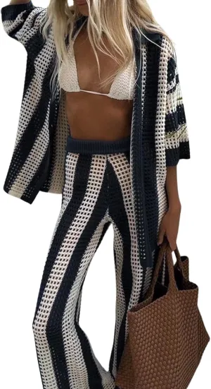 loveimgs Womens Summer 2 Piece Crochet Knit Outfit Striped Short Sleeve Button Shirt Hollow Out Wide Leg Pants Set
