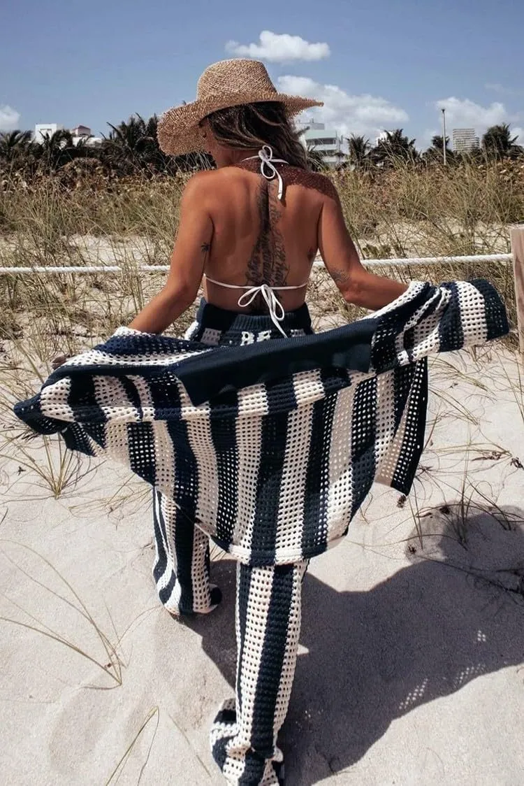 loveimgs Womens Summer 2 Piece Crochet Knit Outfit Striped Short Sleeve Button Shirt Hollow Out Wide Leg Pants Set