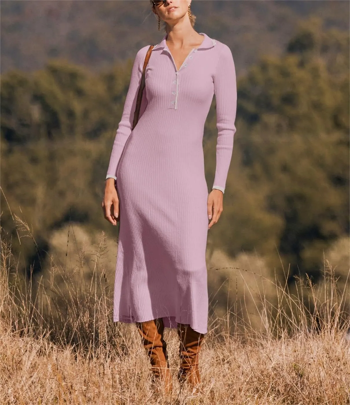 loveimgs Women's V Neck Button Sweater Dress Button Long Sleeve Ribbed Knit Slim Fit Bodycon Midi Dress