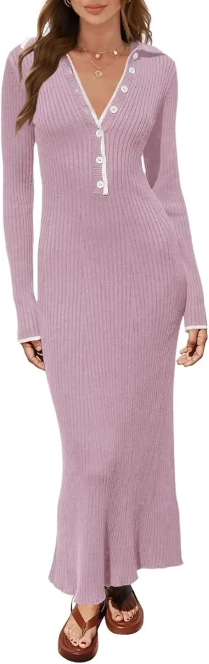 loveimgs Women's V Neck Button Sweater Dress Button Long Sleeve Ribbed Knit Slim Fit Bodycon Midi Dress