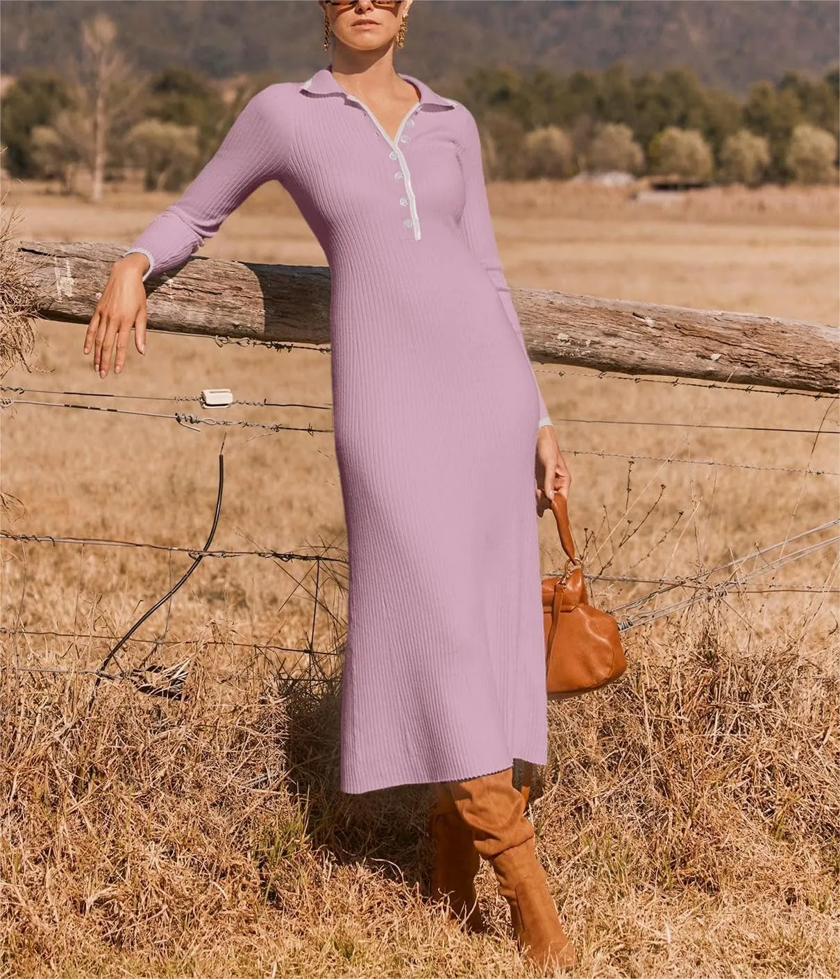 loveimgs Women's V Neck Button Sweater Dress Button Long Sleeve Ribbed Knit Slim Fit Bodycon Midi Dress