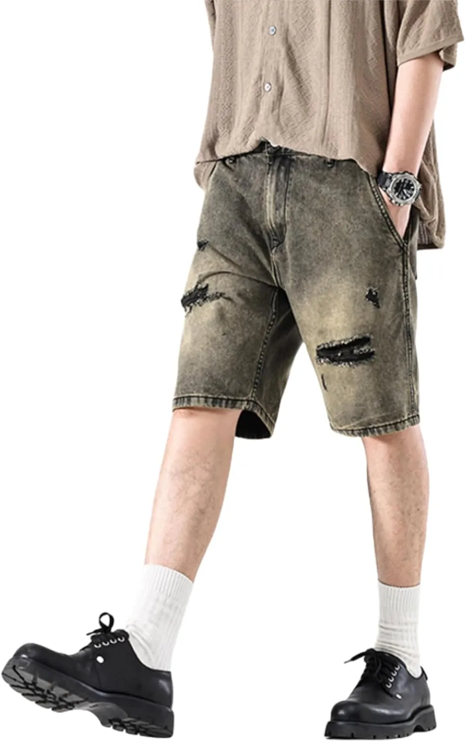 LUOBANIU Mens Jean Shorts Distressed Ripped Denim Shorts Relaxed Fit Summer Casual Classic Straight Short Jeans
