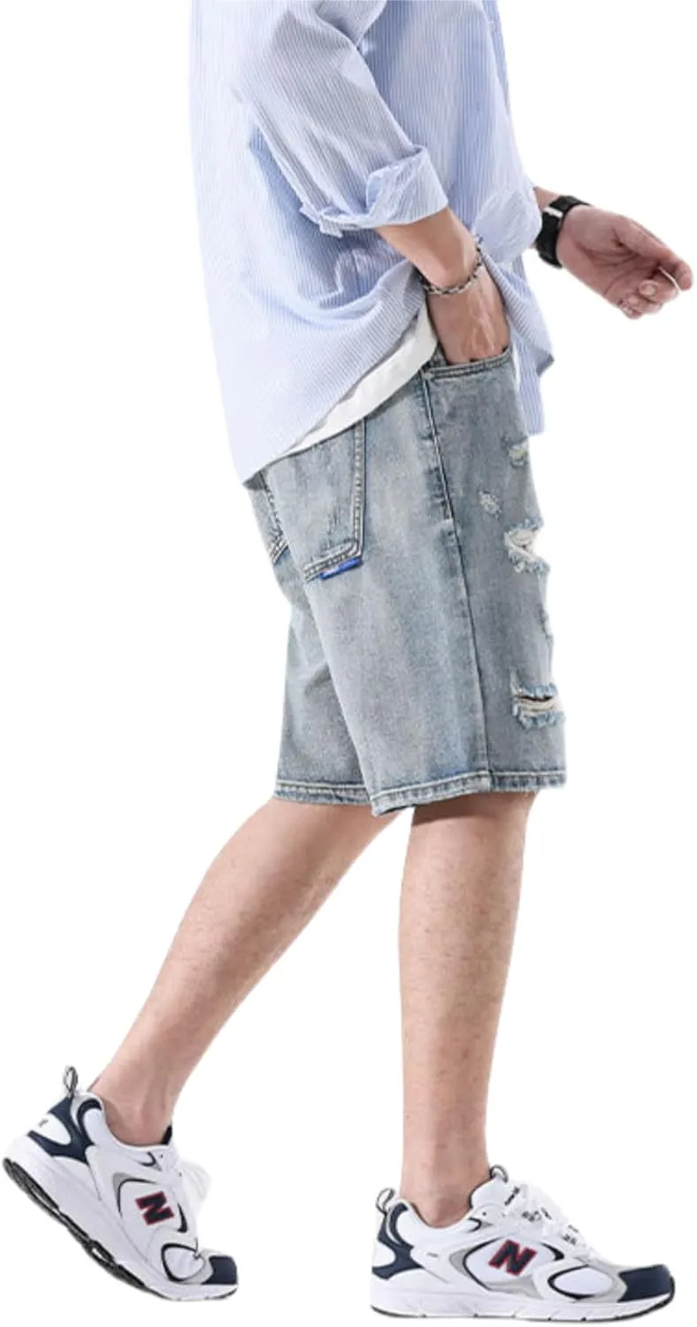 LUOBANIU Mens Jean Shorts Distressed Ripped Denim Shorts Relaxed Fit Summer Casual Classic Straight Short Jeans