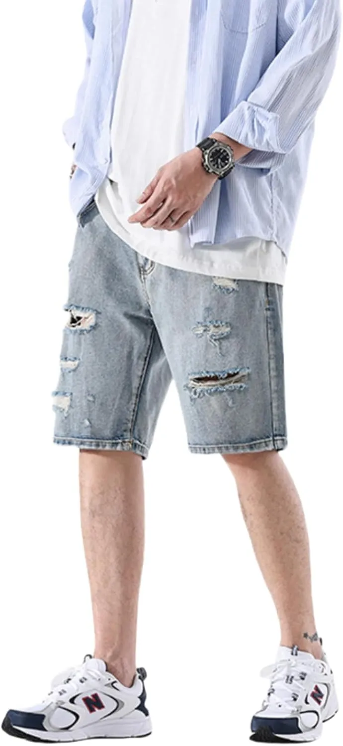 LUOBANIU Mens Jean Shorts Distressed Ripped Denim Shorts Relaxed Fit Summer Casual Classic Straight Short Jeans