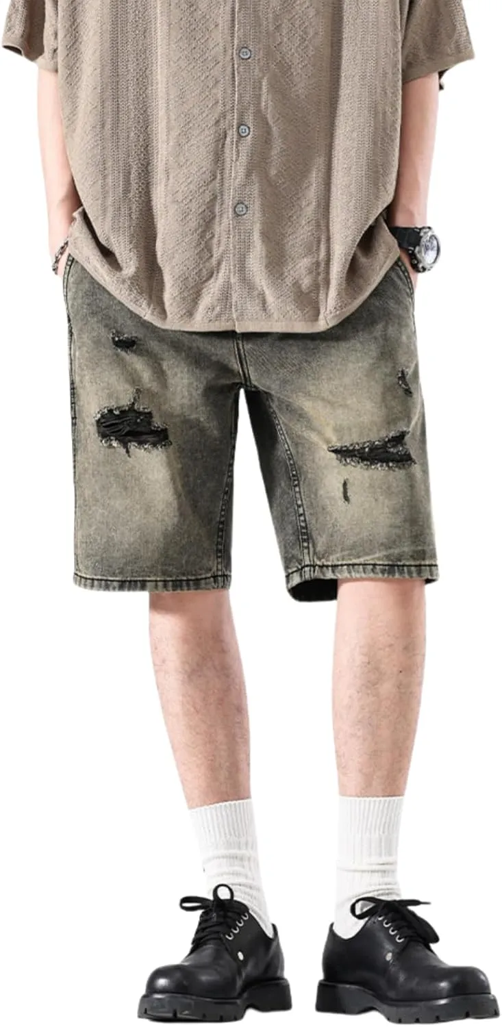 LUOBANIU Mens Jean Shorts Distressed Ripped Denim Shorts Relaxed Fit Summer Casual Classic Straight Short Jeans