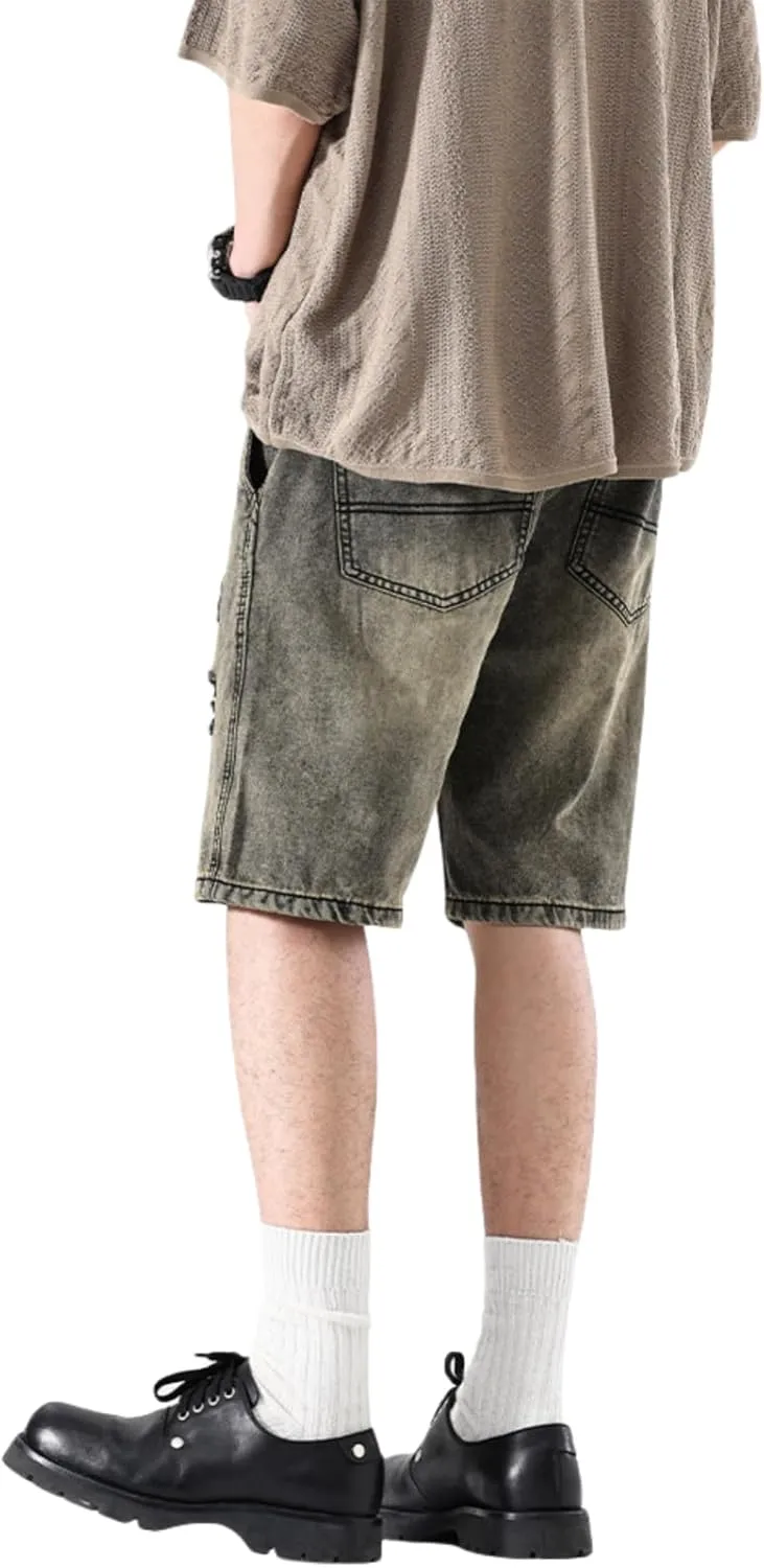 LUOBANIU Mens Jean Shorts Distressed Ripped Denim Shorts Relaxed Fit Summer Casual Classic Straight Short Jeans