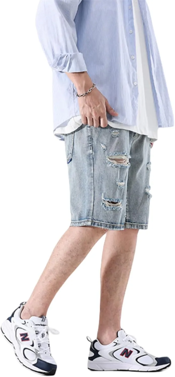 LUOBANIU Mens Jean Shorts Distressed Ripped Denim Shorts Relaxed Fit Summer Casual Classic Straight Short Jeans