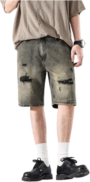 LUOBANIU Mens Jean Shorts Distressed Ripped Denim Shorts Relaxed Fit Summer Casual Classic Straight Short Jeans