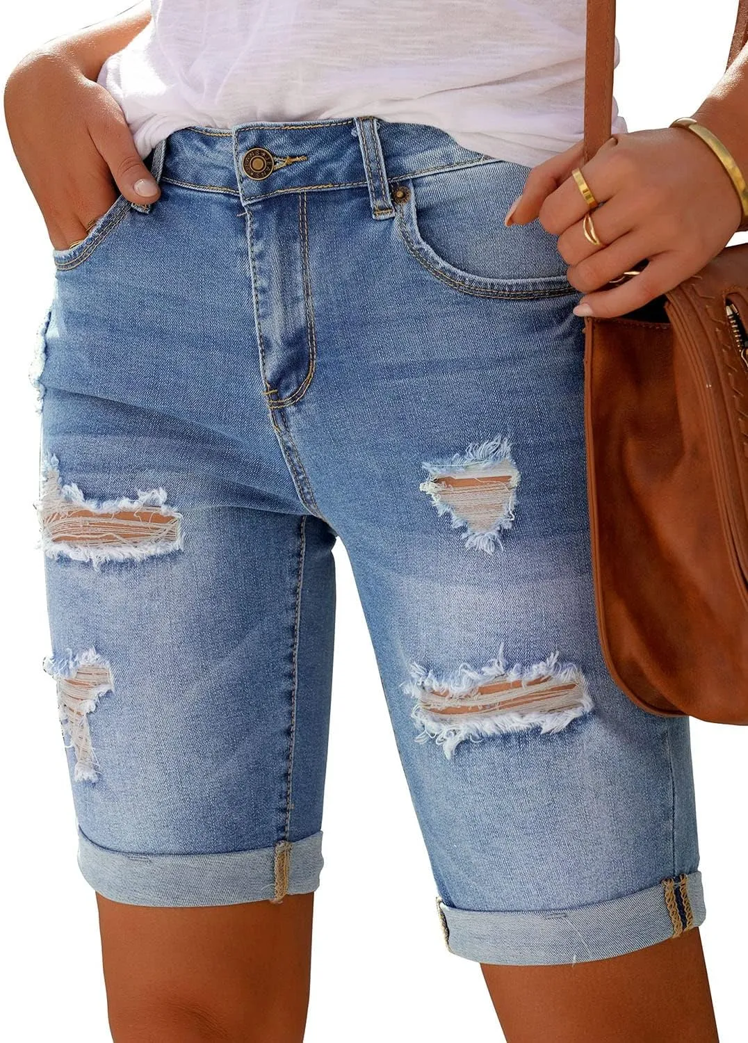 luvamia Women High Waisted Stretch Bermuda Shorts Ripped Rolled Hem Jean Shorts