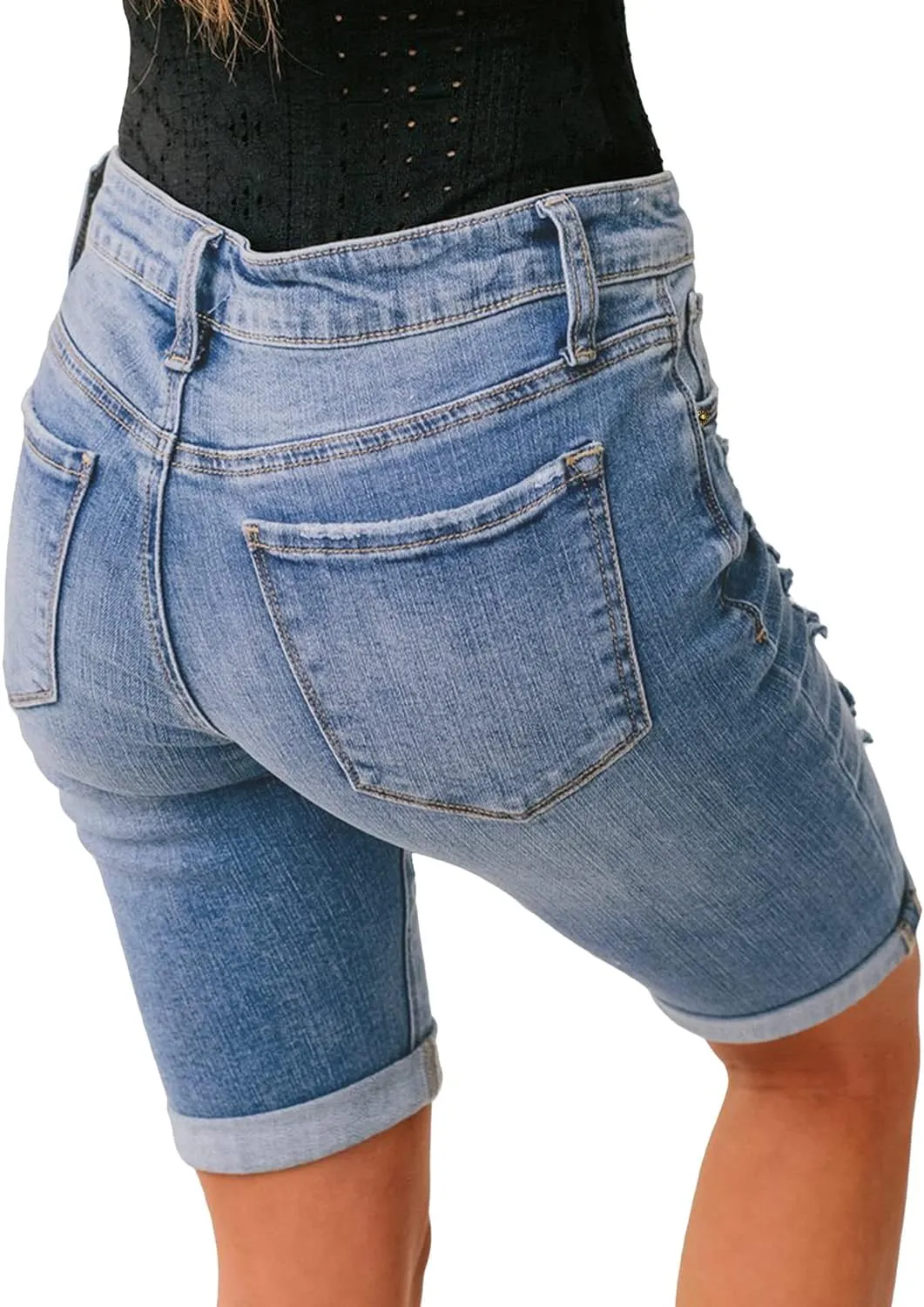 luvamia Women High Waisted Stretch Bermuda Shorts Ripped Rolled Hem Jean Shorts