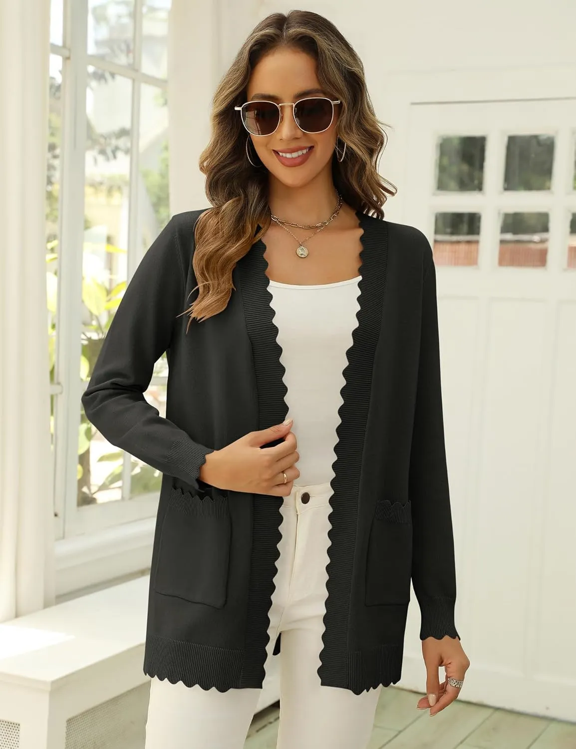 LUYAA Women's Fashion Cardigan Sweaters Lightweight Long Sleeve Open Front Long Cardigan V Neck Cozy Knit with Pocket