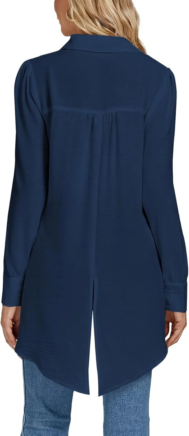 LYANER Women's Collar V Neck Split Hem Button Down Long Sleeve Long Shirt Blouse Tunic Top