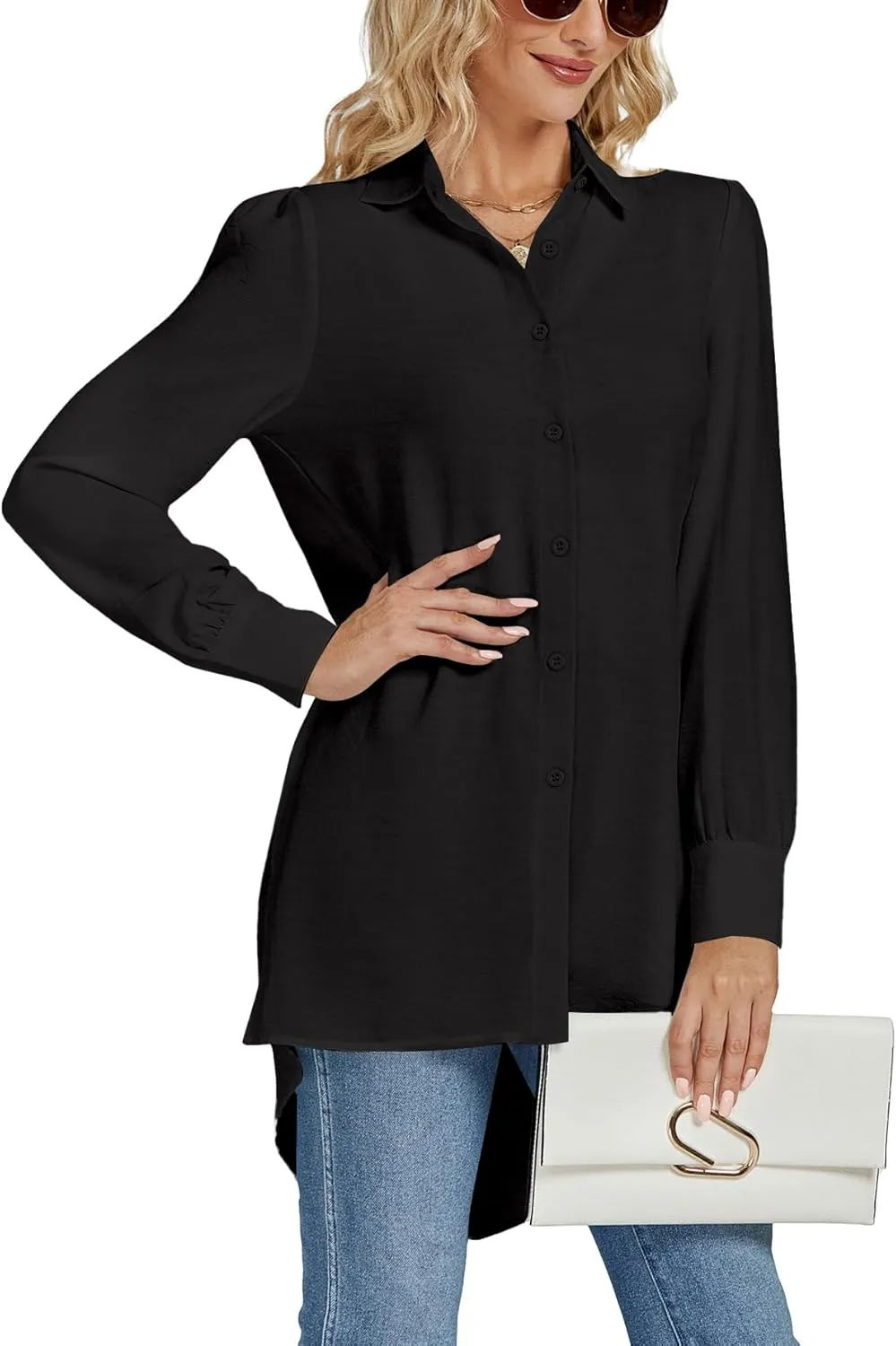LYANER Women's Collar V Neck Split Hem Button Down Long Sleeve Long Shirt Blouse Tunic Top