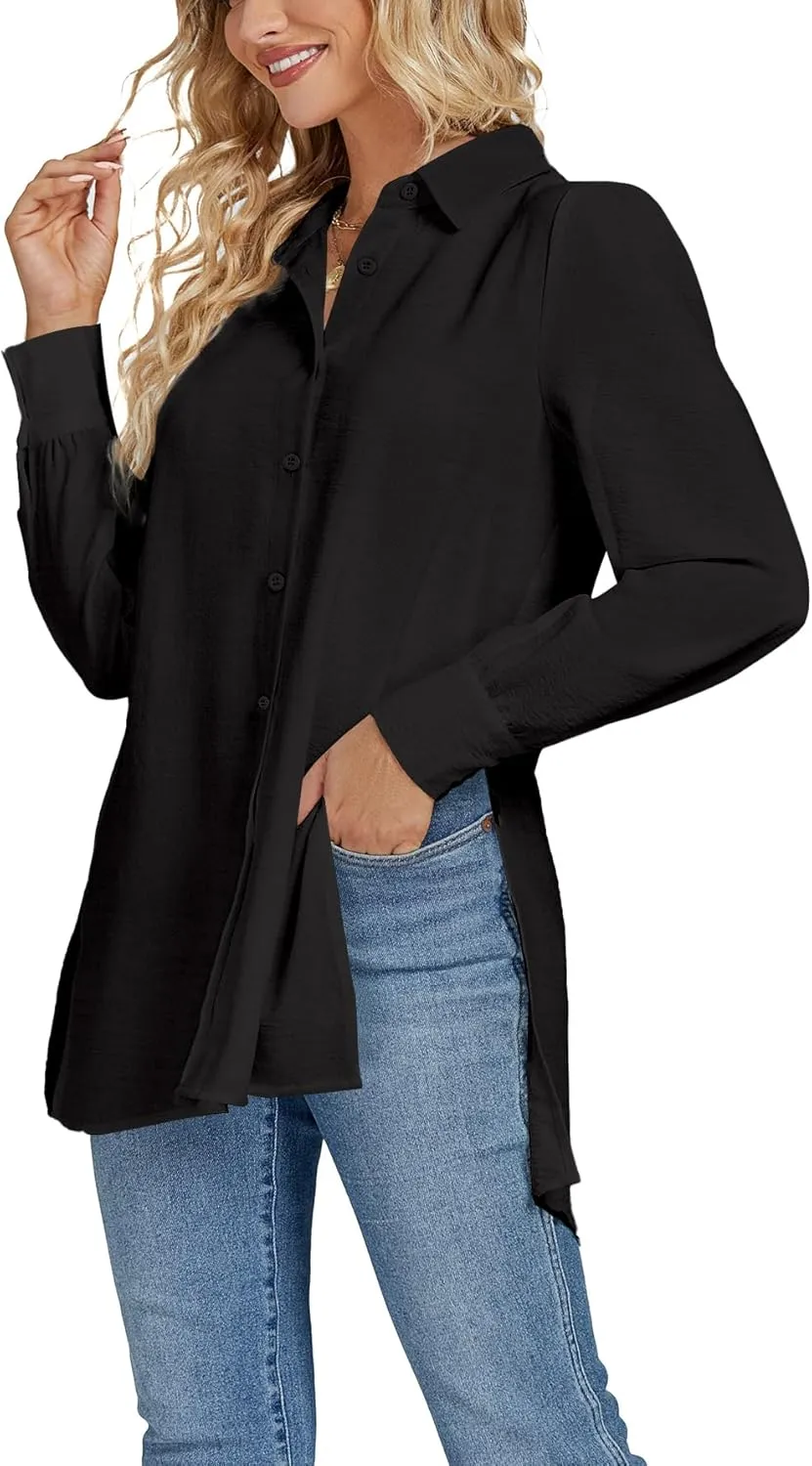 LYANER Women's Collar V Neck Split Hem Button Down Long Sleeve Long Shirt Blouse Tunic Top