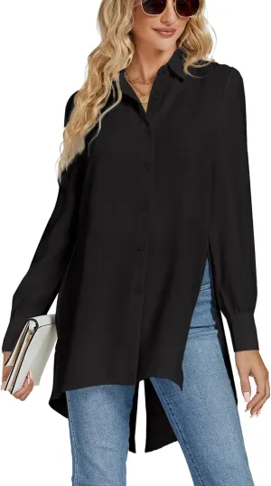 LYANER Women's Collar V Neck Split Hem Button Down Long Sleeve Long Shirt Blouse Tunic Top