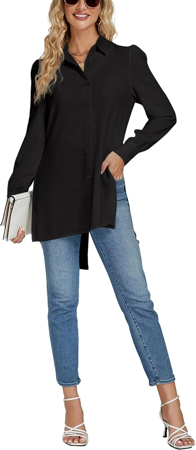 LYANER Women's Collar V Neck Split Hem Button Down Long Sleeve Long Shirt Blouse Tunic Top