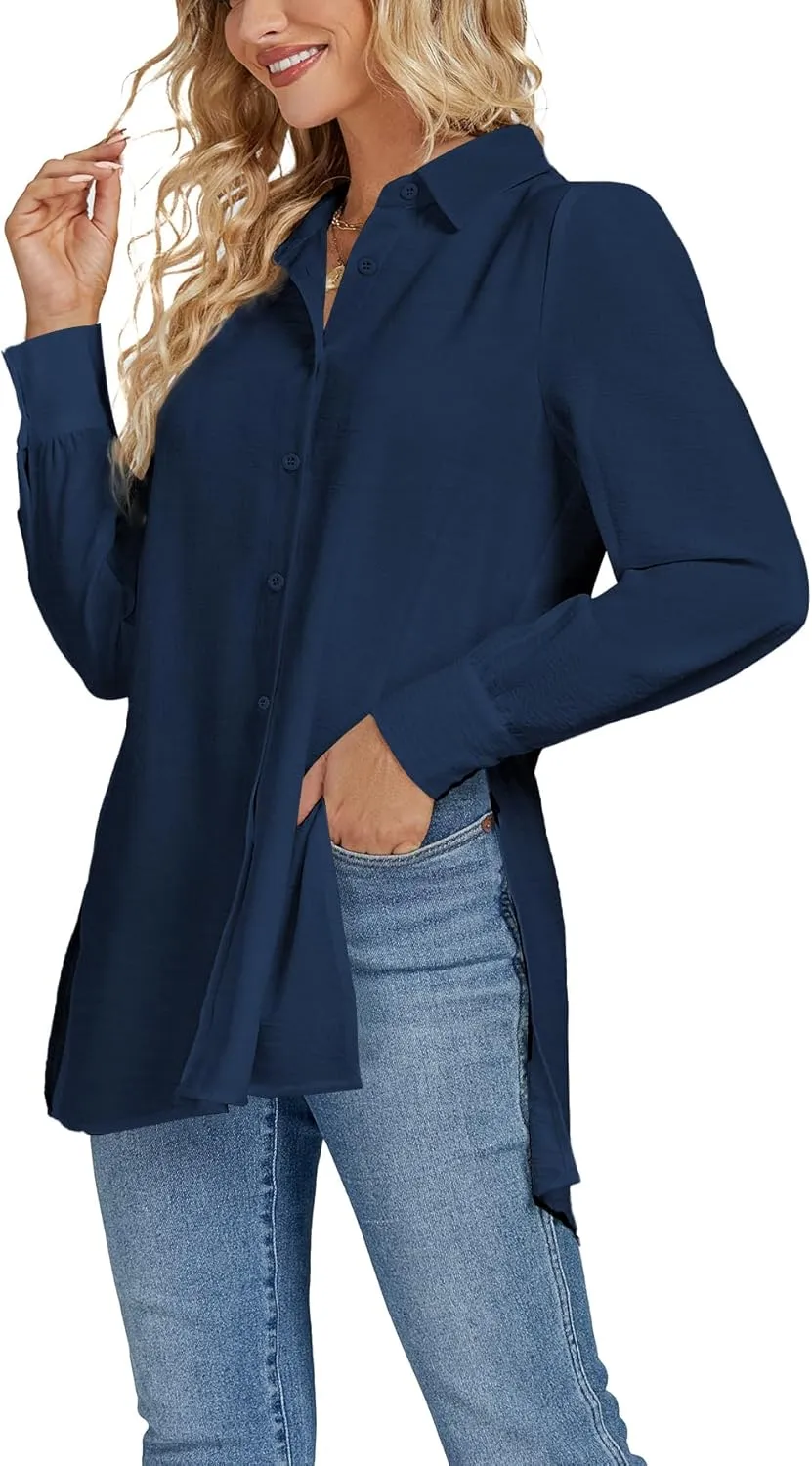 LYANER Women's Collar V Neck Split Hem Button Down Long Sleeve Long Shirt Blouse Tunic Top