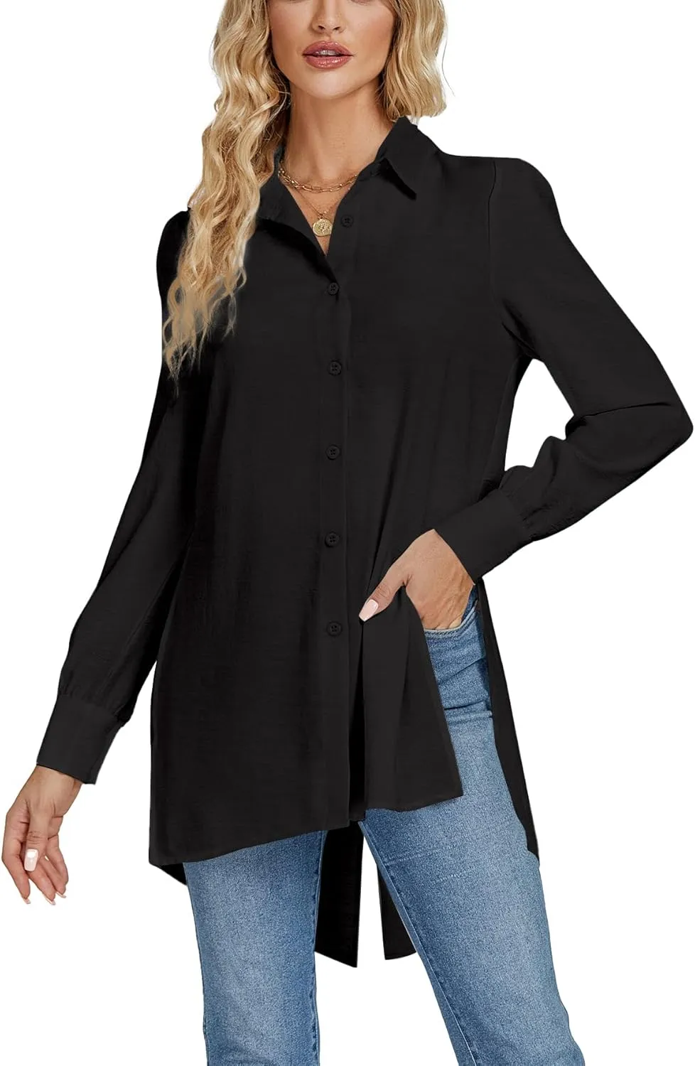 LYANER Women's Collar V Neck Split Hem Button Down Long Sleeve Long Shirt Blouse Tunic Top