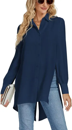 LYANER Women's Collar V Neck Split Hem Button Down Long Sleeve Long Shirt Blouse Tunic Top