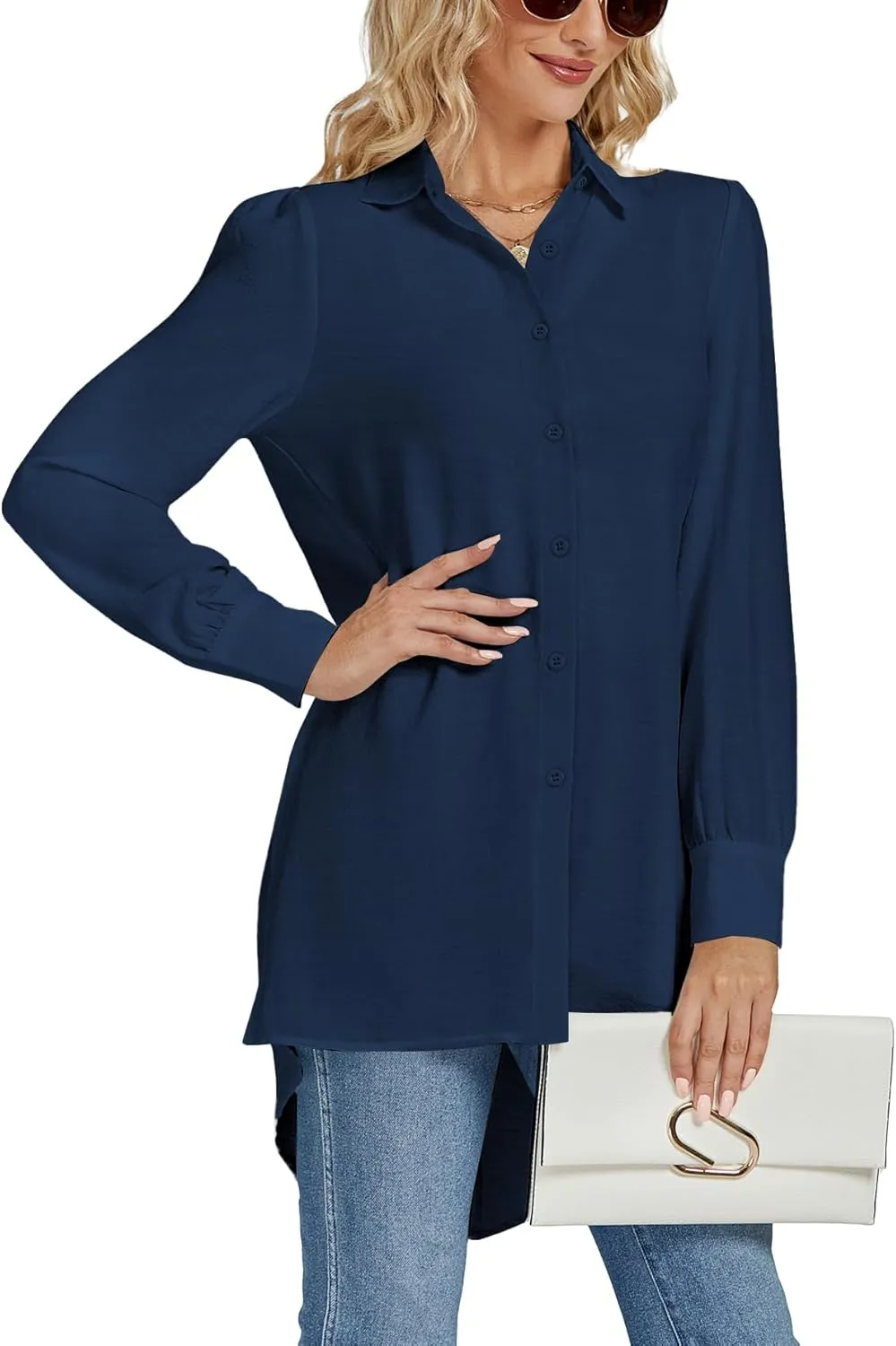 LYANER Women's Collar V Neck Split Hem Button Down Long Sleeve Long Shirt Blouse Tunic Top