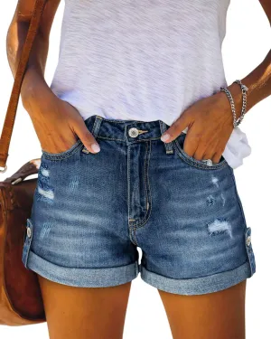 Magritta Denim Shorts for Women Mid Waisted Folded Hem Ripped Jean Shorts
