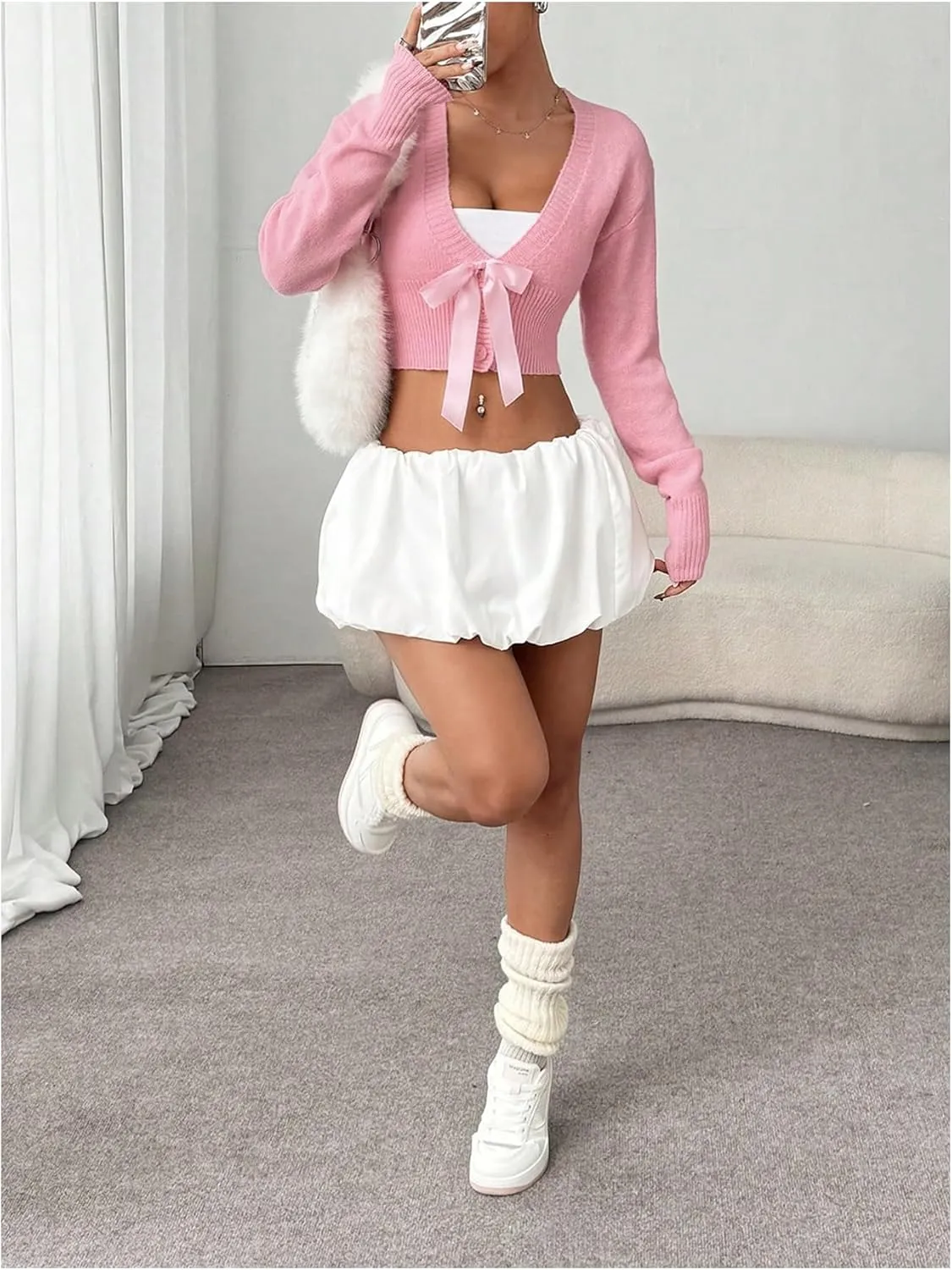 MakeMeChic Women's Bow V Neck Button Down Cropped Sweater Cardigan Long Sleeve Y2K Cardigans