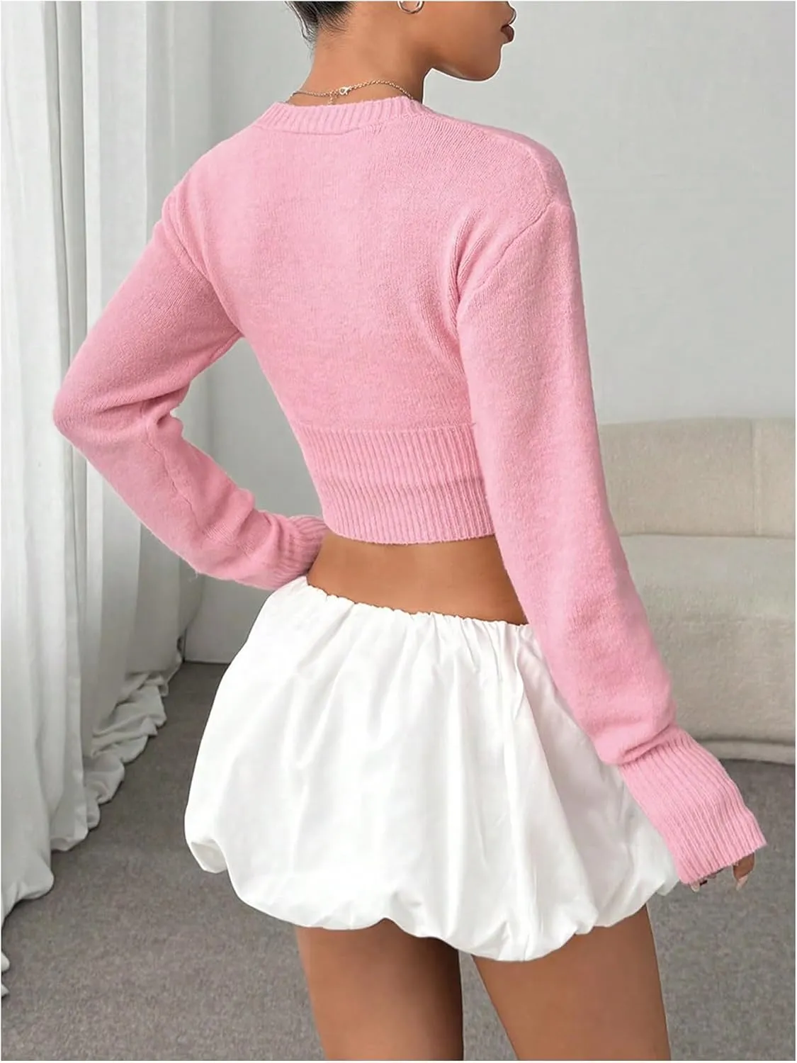 MakeMeChic Women's Bow V Neck Button Down Cropped Sweater Cardigan Long Sleeve Y2K Cardigans