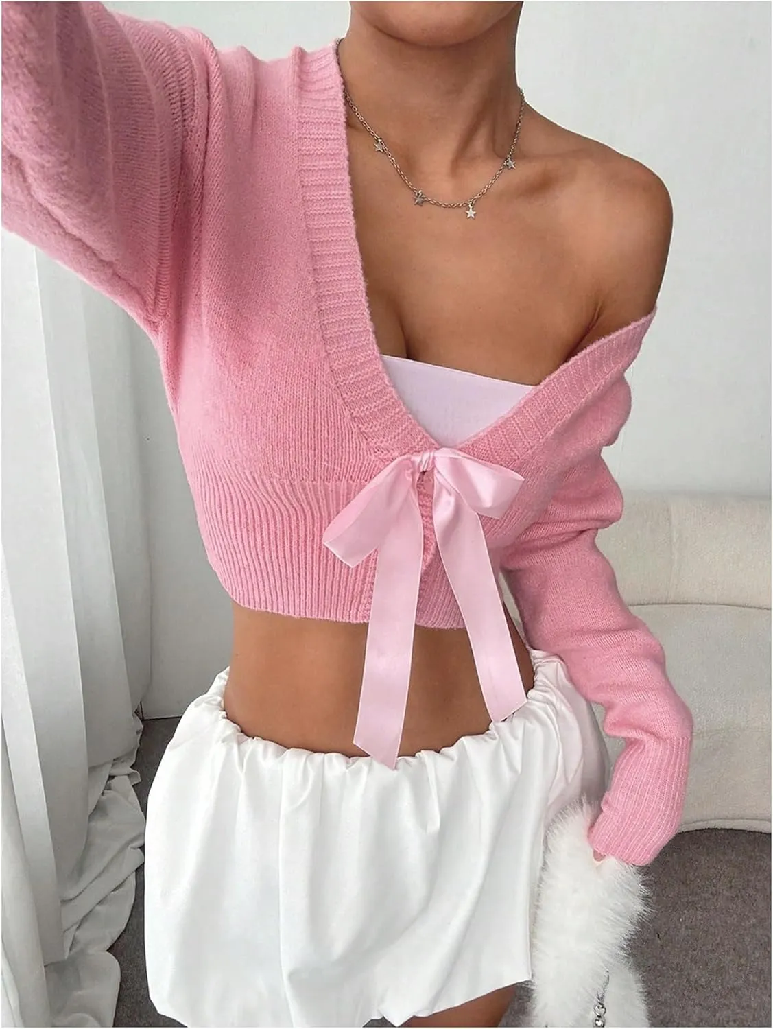 MakeMeChic Women's Bow V Neck Button Down Cropped Sweater Cardigan Long Sleeve Y2K Cardigans