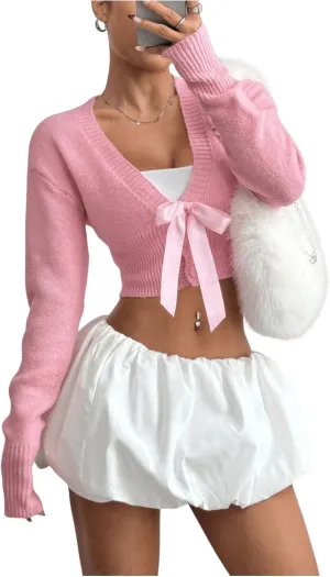 MakeMeChic Women's Bow V Neck Button Down Cropped Sweater Cardigan Long Sleeve Y2K Cardigans