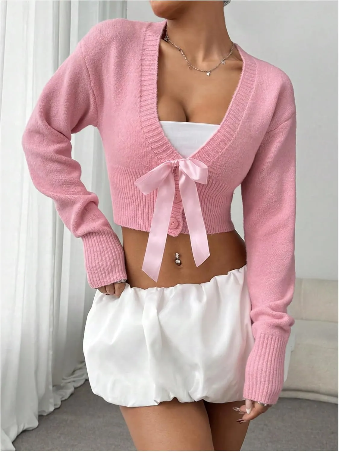 MakeMeChic Women's Bow V Neck Button Down Cropped Sweater Cardigan Long Sleeve Y2K Cardigans