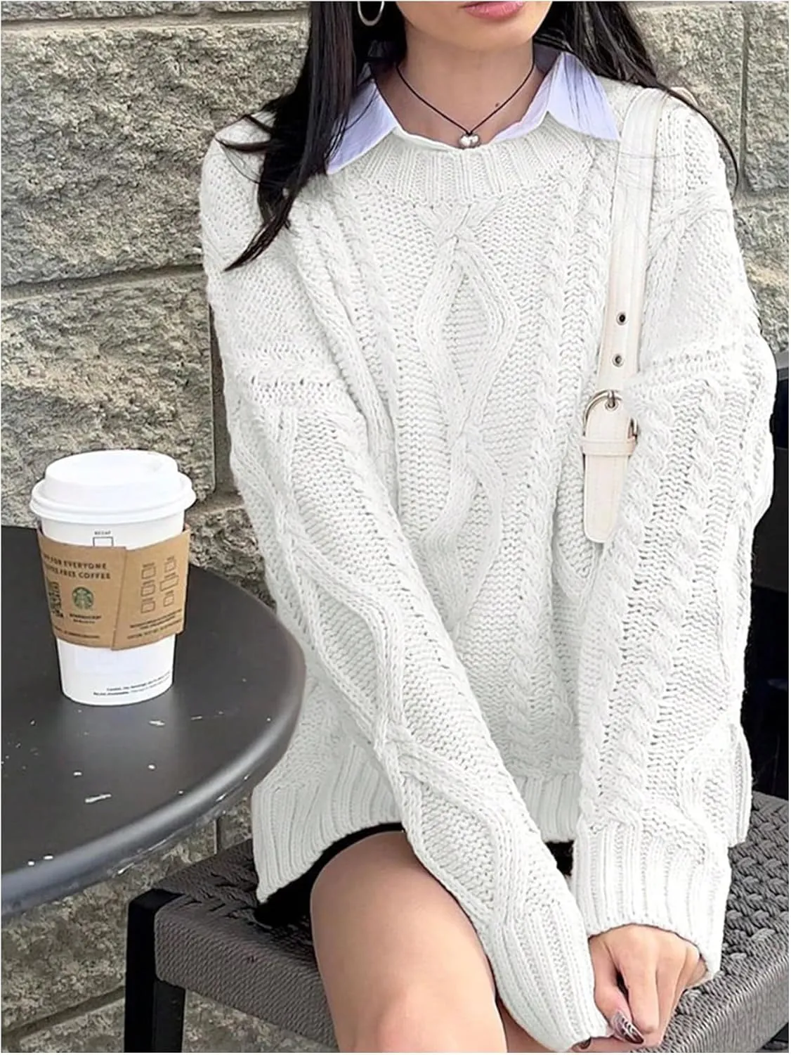 MakeMeChic Women's Cable Knit Long Sleeve Sweater Round Neck Drop Shoulder Knit Tops