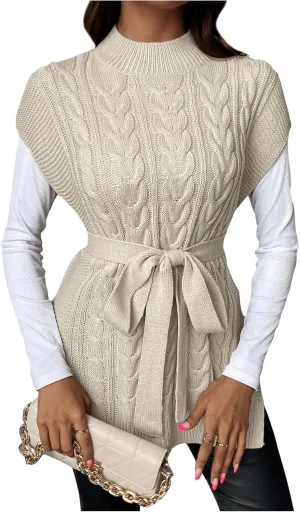 MakeMeChic Women's Cable Knit Mock Neck Cap Sleeve Vest Split Hem Belted Sweater