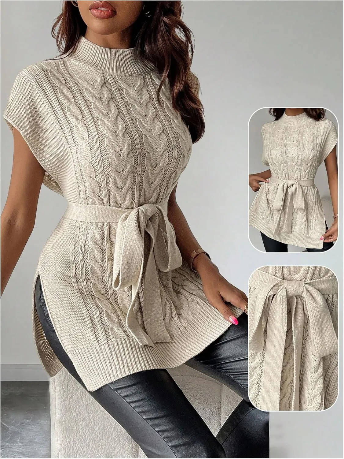MakeMeChic Women's Cable Knit Mock Neck Cap Sleeve Vest Split Hem Belted Sweater