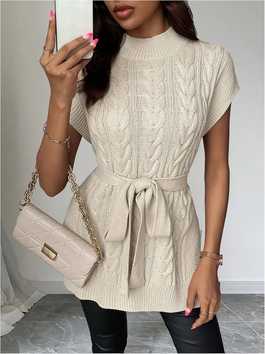 MakeMeChic Women's Cable Knit Mock Neck Cap Sleeve Vest Split Hem Belted Sweater