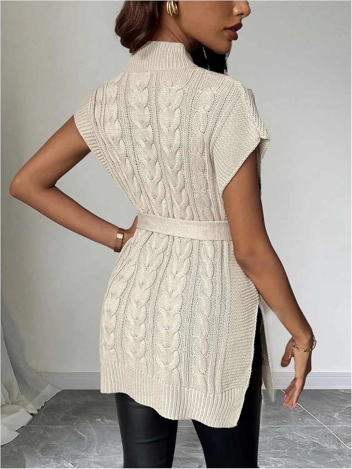 MakeMeChic Women's Cable Knit Mock Neck Cap Sleeve Vest Split Hem Belted Sweater
