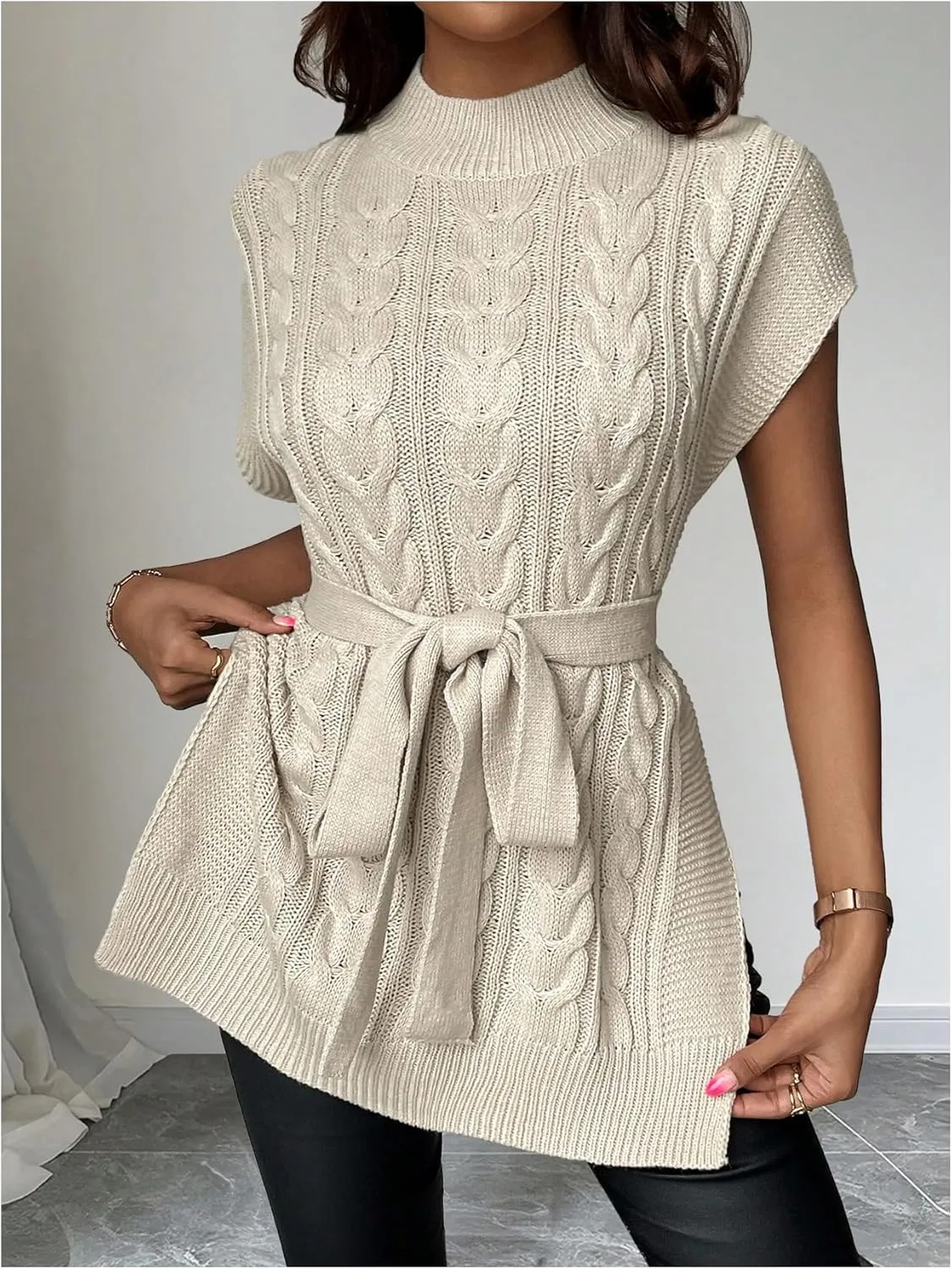 MakeMeChic Women's Cable Knit Mock Neck Cap Sleeve Vest Split Hem Belted Sweater