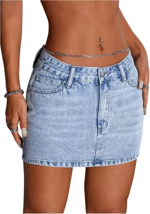 MakeMeChic Women's Denim Skirt Low Waist Button Bodycon Y2K Mini Jean Skirts with Pockets