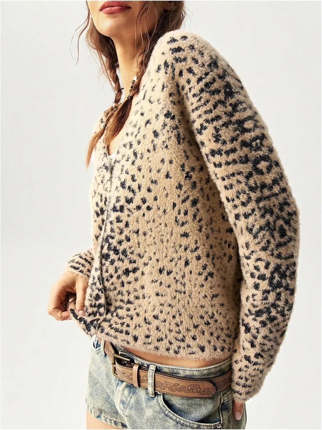 MakeMeChic Women's Leopard Print Button Down Cropped Cardigan Sweaters V Neck Fuzzy Long Sleeve Knit Tops