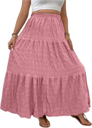 MakeMeChic Women's Plus Size Summer Maxi Skirt Tiered Ruffle Hem Flowy Long Skirts