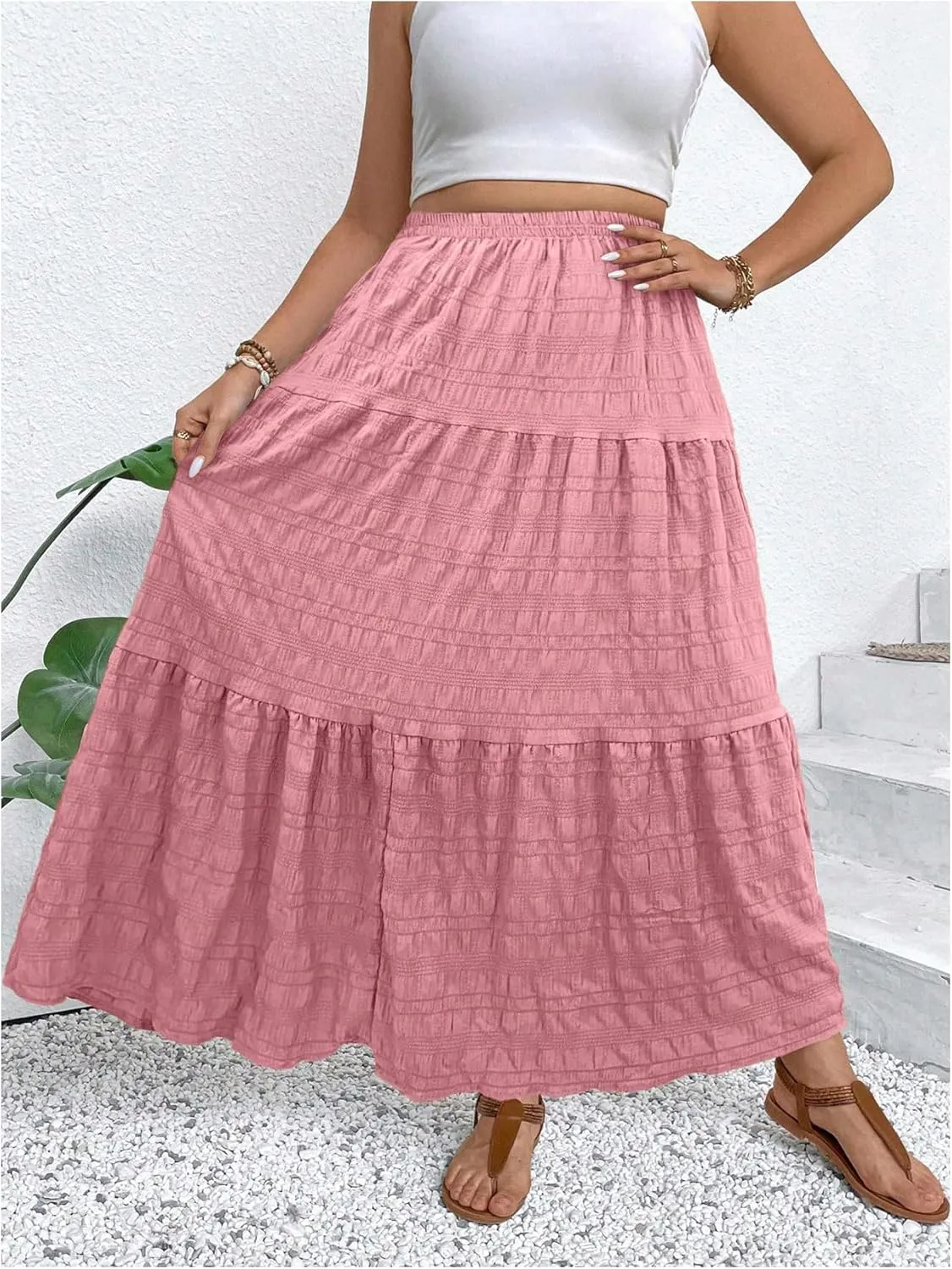 MakeMeChic Women's Plus Size Summer Maxi Skirt Tiered Ruffle Hem Flowy Long Skirts