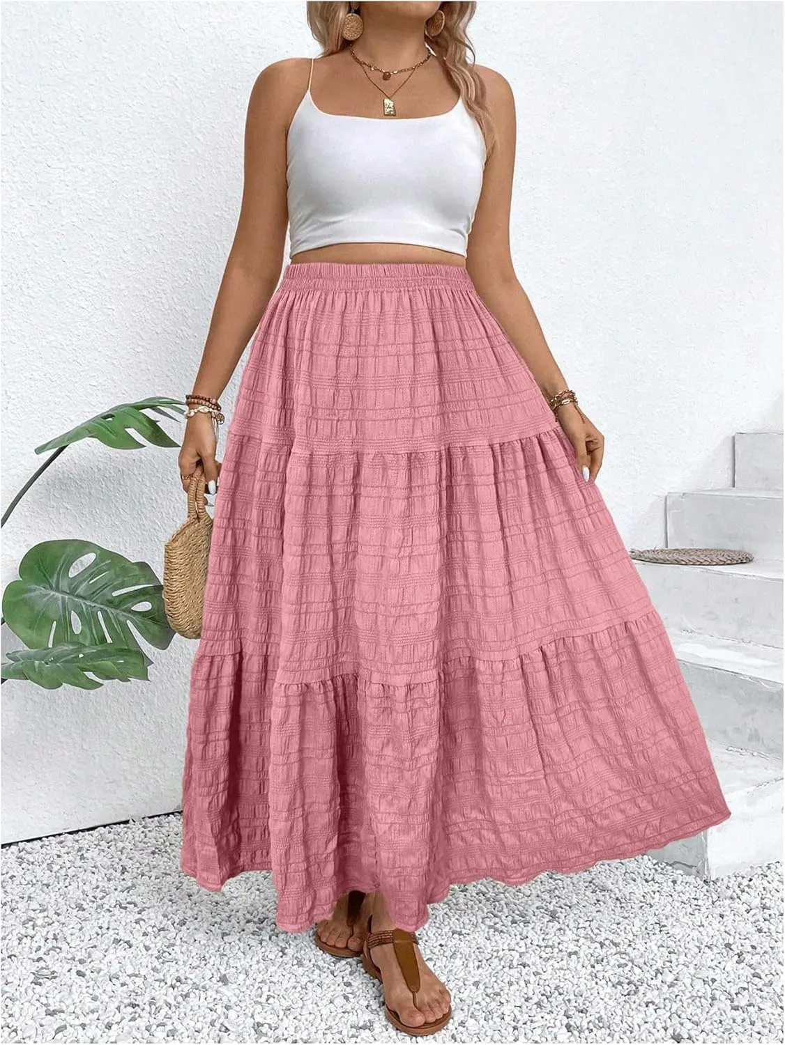 MakeMeChic Women's Plus Size Summer Maxi Skirt Tiered Ruffle Hem Flowy Long Skirts