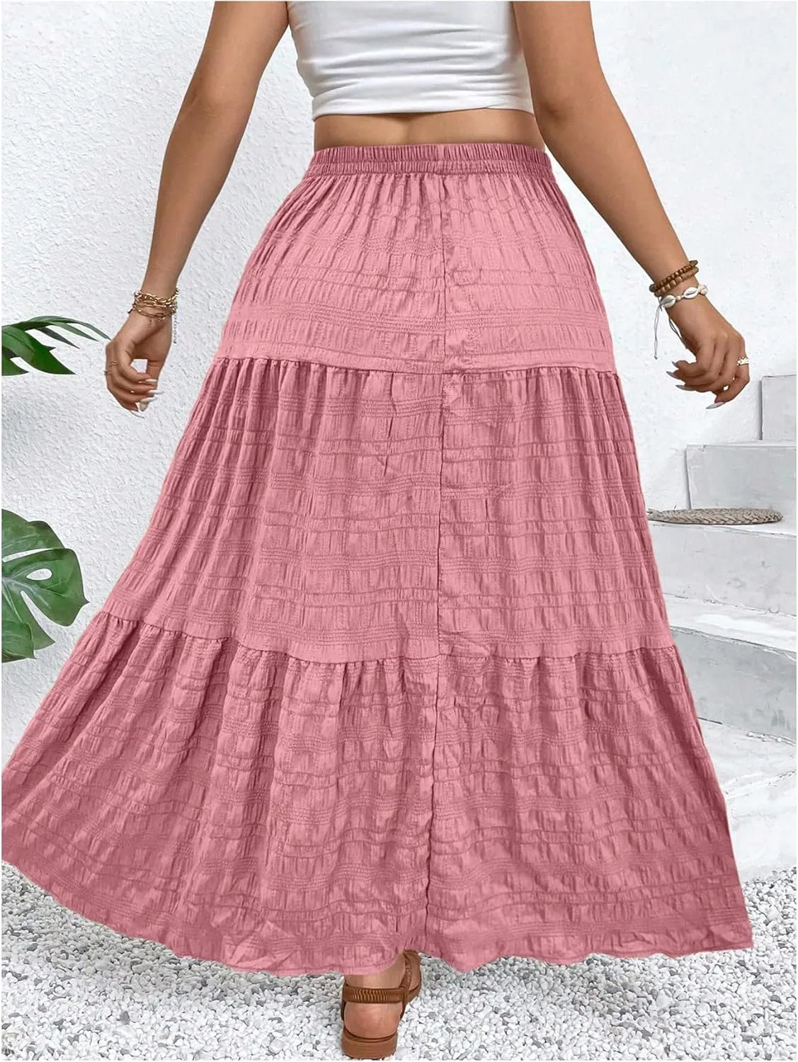 MakeMeChic Women's Plus Size Summer Maxi Skirt Tiered Ruffle Hem Flowy Long Skirts