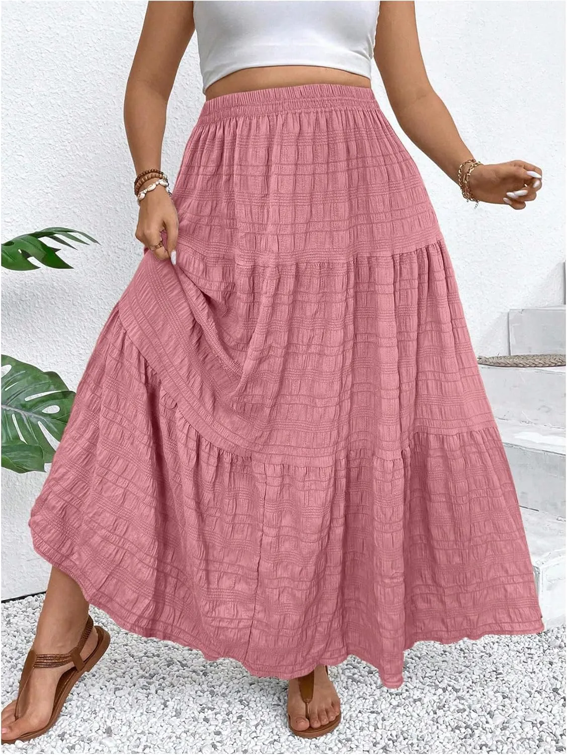 MakeMeChic Women's Plus Size Summer Maxi Skirt Tiered Ruffle Hem Flowy Long Skirts