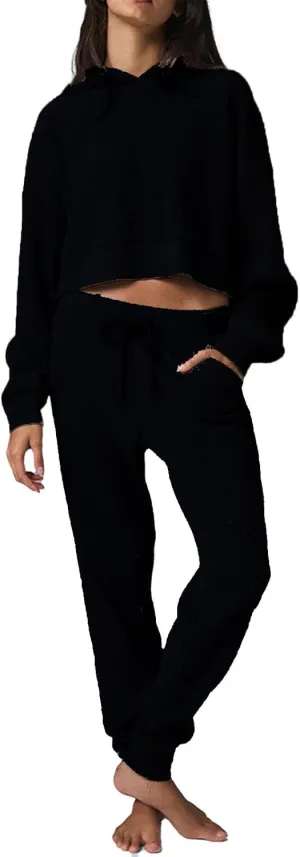 Mandonce Sweat Suits for Women 2 Piece Corduroy Cropped Hooded Sweatshirt Cotton Sweatpants Jogger Sets Athleisure Loungewear