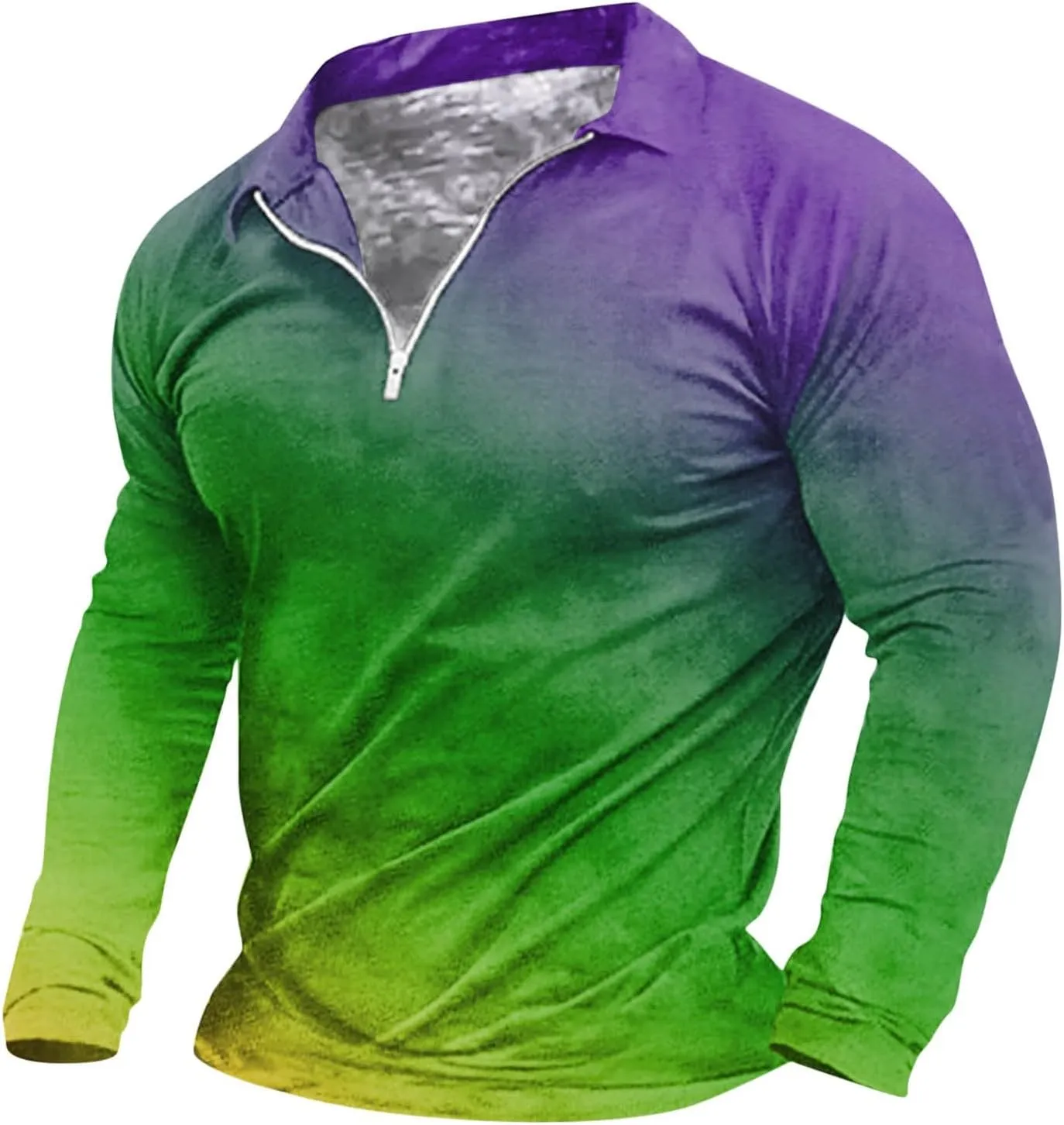 Mardi Gras Outfit for Men Carnival Long Sleeve 1/4 Zip Lapel Polo Shirt Multi Color Retro Print Slim Fit Pullover