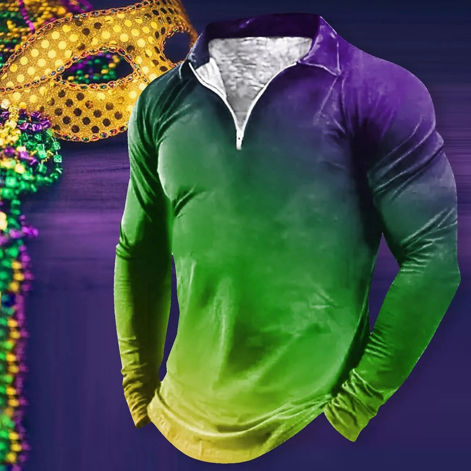 Mardi Gras Outfit for Men Carnival Long Sleeve 1/4 Zip Lapel Polo Shirt Multi Color Retro Print Slim Fit Pullover