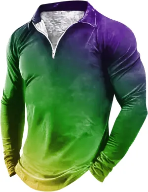 Mardi Gras Outfit for Men Carnival Long Sleeve 1/4 Zip Lapel Polo Shirt Multi Color Retro Print Slim Fit Pullover