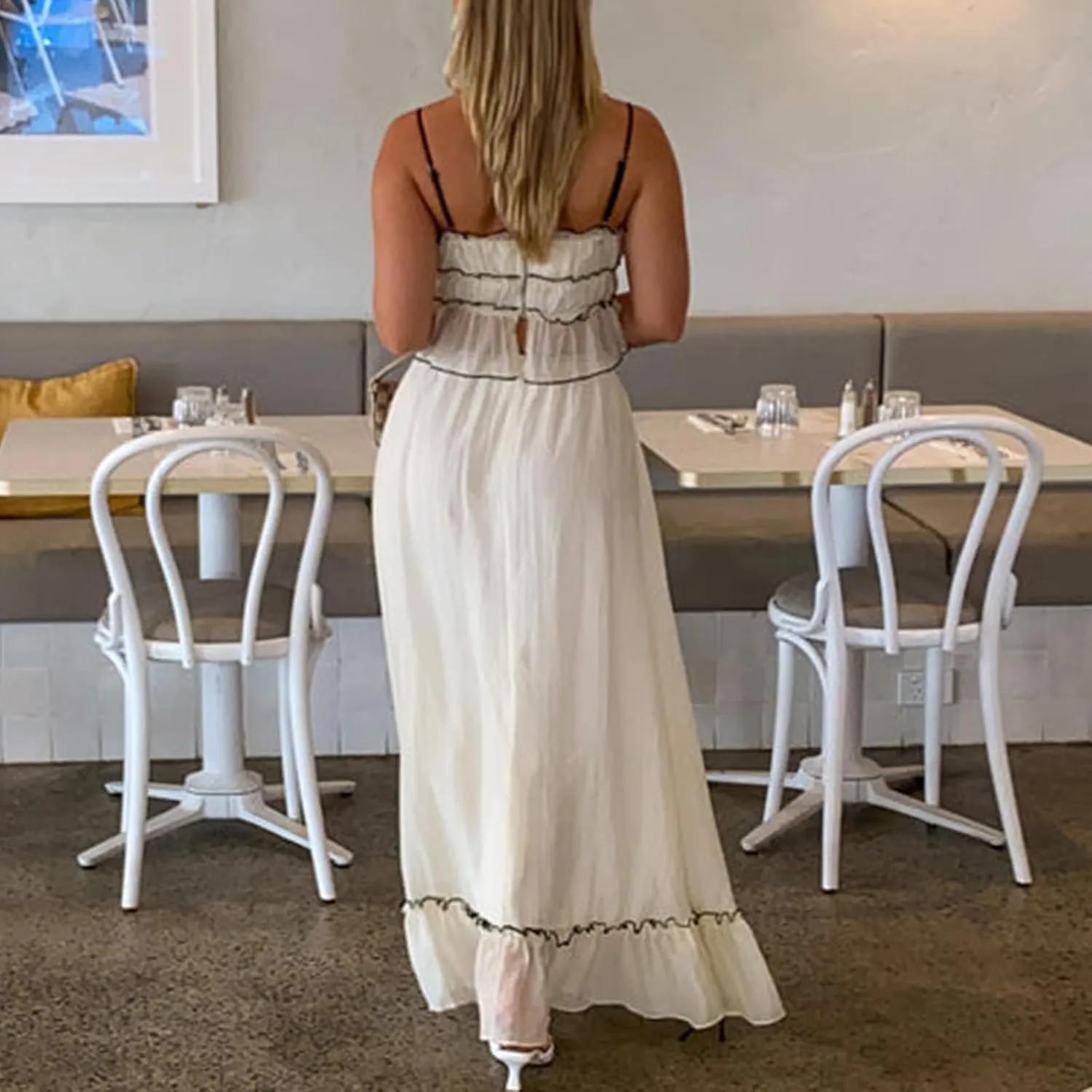 Maxi Skirt Set Women Summer Two Piece Vacation Beach Outfits Wide Straps Crop Tank Flowy Tiered Aline Skirt Set